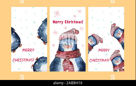 Christmas cute set of cards or gift tags. Funny penguin in a red scarf and hat. Snowfall and snowflakes. Stock Photo