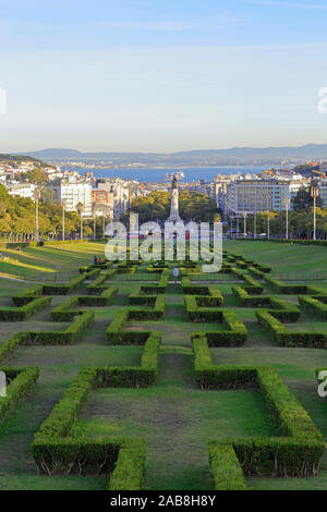 Eduardo VII Park, Parque Eduardo VII towards Marquês de Pombal and the distant Tagus River, Lisbon, Portugal. Stock Photo