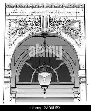 Old facade and lamppost - vector illustration (Ideal for printing on fabric or paper, poster or wallpaper, house decoration) Stock Vector