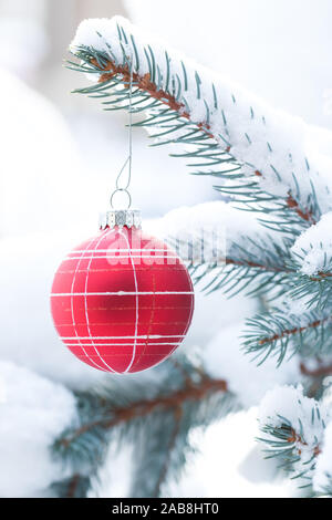 A close up view of a bright red Christmas ornament hanging on a snowy pine tree branch. Stock Photo