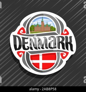 Vector logo for Denmark country, fridge magnet with danish state flag, original brush typeface for word denmark and danish national symbol - Rosenborg Stock Vector