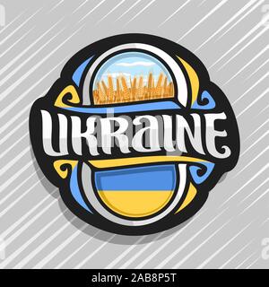 Vector logo for Ukraine country, fridge magnet with ukrainian flag, original brush typeface for word ukraine and ukrainian symbols - blue cloudy sky a Stock Vector