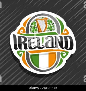 Vector logo for Ireland country, fridge magnet with irish flag, original brush typeface for word ireland and irish national symbols - music instrument Stock Vector