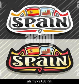 Vector logo for Spain country, fridge magnet with spanish flag, original brush typeface for word spain, spanish symbol - museum and theatre of Salvado Stock Vector
