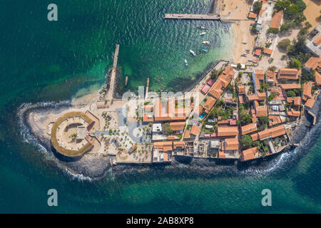 Aerial view of Goree Island. Gorée. Dakar, Senegal. Africa. Photo made by drone from above. UNESCO World Heritage Site. Stock Photo
