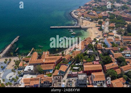 Aerial view of Goree Island. Gorée. Dakar, Senegal. Africa. Photo made by drone from above. UNESCO World Heritage Site. Stock Photo