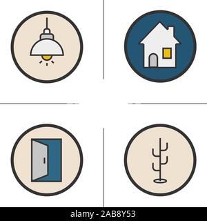 Home interior color icons set. Living room, hanger, open door, hanging ceiling lamp, house symbol. Isolated vector illustration Stock Vector