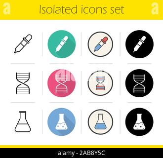 Chemical lab icons set. Flat design, linear, black and color styles. Science research equipment. Medical laboratory flask with liquid, DNA spiral and Stock Vector