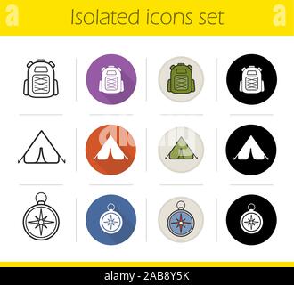 Camping icons set. Flat design, linear, black and color styles. Tourist's backpack, tent and compass. Camper's and tourist items. Isolated vector illu Stock Vector