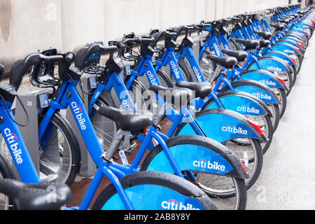 Citi Bike hire bicycles parking rack, Amsterdam avenue, New York City, United States of America. Stock Photo
