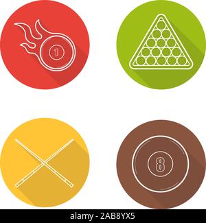 Billiard flat linear long shadow icons set. Cuesports accessories. Eight ball, crossed cues, ball rack, burning ball. Pool equipment. Vector line symb Stock Vector