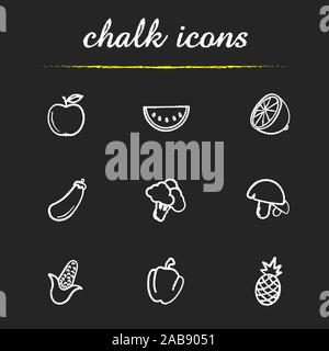 Fruit and vegetables chalk icons set. Apple, watermelon slice, lemon half, eggplant, broccoli, mushrooms, corn, bell pepper, pineapple. Isolated vecto Stock Vector