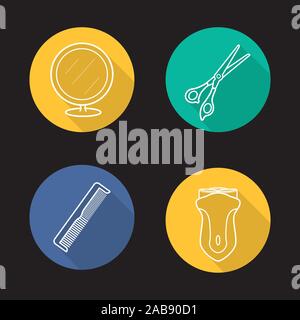 Barbershop accessories flat linear long shadow icons set. Table mirror, scissors, comb, electric razor. Vector line symbols Stock Vector