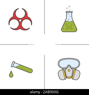 Chemical industry color icons set. Gas mask, poison liquid, chemical test tube and biohazard danger symbol. Isolated vector illustrations Stock Vector