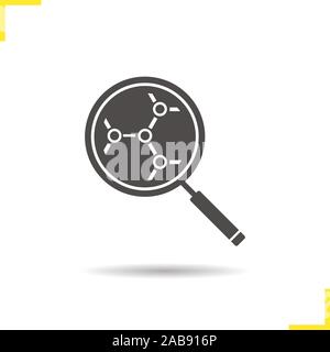 Molecular structure analysis icon. Drop shadow silhouette symbol. Business segments interaction. Magnifying glass. Negative space. Vector isolated ill Stock Vector