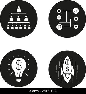 Business concepts icons set. Company hierarchy, problems solving, successful idea, logistics, startup, goal achievement spaceship symbol. Vector white Stock Vector