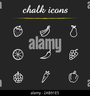 Fruit and vegetables chalk icons set. Strawberry, bundle of bananas, pear, orange, hot chili pepper, bunch of grapes, raspberry, carrot, paprika illus Stock Vector