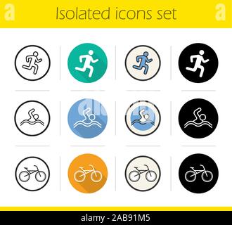 Sport icons set. Flat design, linear, black and color styles. Running, swimming and cycling symbols. Runner, swimmer and bike. Sport activities isolat Stock Vector