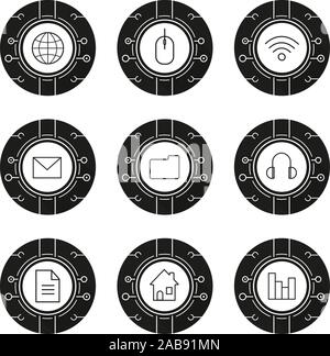 Cyber technology icons set. Cloud computing. Wifi, access, digital storage, email security, worldwide network, web document, digital music, smart hous Stock Vector