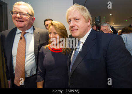 North Queensferry, UK. 26 November 2019. Pictured: (left) Jackson Carlaw MSP - Leader of the Scottish Conservative and Unionist Party; (right), Boris Johnson MP - UK Prime Minister and Leader of the Conservative and Unionist Party.  Conservative Party Manifesto Launch: Boris Johnson seen on his election campaign in North Queensferry. Credit: Colin Fisher/Alamy Live News. Stock Photo