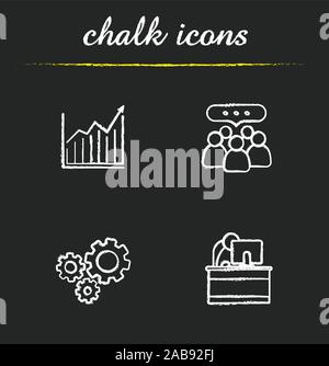 Business chalk icons set. Income growth chart, team communication, teamwork, cooperation, office manager, cogwheels illustrations. Isolated vector cha Stock Vector