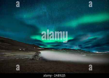 Aurora Borealis, Leirhnukur hot spring area, Namaskard, Iceland Stock Photo