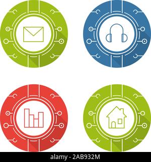 Cyber technology flat design long shadow icons set. Digital music, web traffic analysis, email security, smart house concepts. Letter, headphones, cha Stock Vector