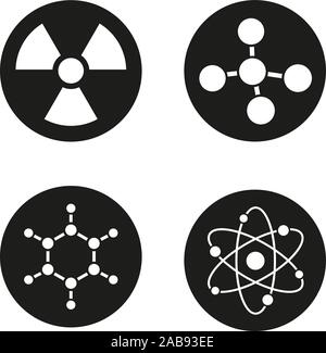Chemistry and physics icons set. Atom, molecule and radioactive caution symbols. Radiation sign. Science pictograms. Vector white illustrations in bla Stock Vector