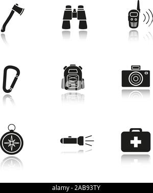 Camping gear drop shadow black icons set. Axe, binoculars, walkie-talkie, carabiner, backpack, photo camera compass, flashlight and first aid kit. Tou Stock Vector