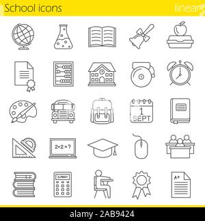 School linear icons set. Class register, calculator, pupils, school bus, bell and building. Open textbook, abacus, rulers, backpack, calendar and acad Stock Vector