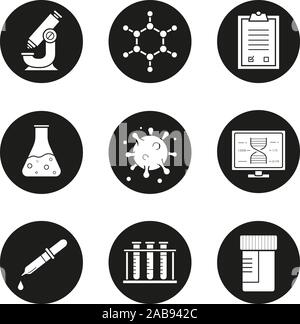 Science laboratory icons set. Microscope, molecular structure, tests checklist, beaker with liquid, virus, lab computer, pipette, test tubes and jar. Stock Vector