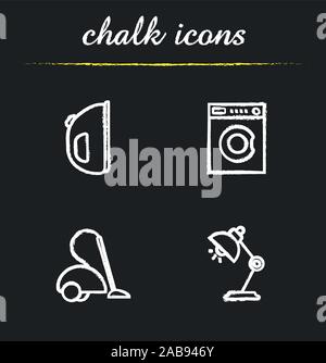 Household appliances chalk icons set. Iron, washing machine, vacuum cleaner, desk lamp. Isolated vector chalkboard illustrations Stock Vector