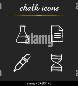 Chemical laboratory chalk icons set. Beaker with liquid, lab test paper, pipette, dna spiral illustrations. Isolated vector. Science chalkboard drawin Stock Vector