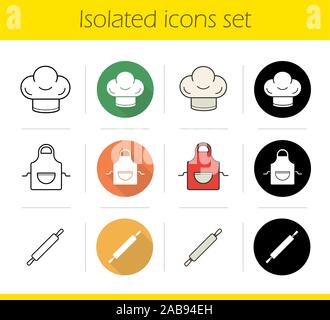 Kitchen accessories icons set. Flat design, linear, black and color styles. Chef's hat and apron, rolling pin. Baker's cooking instruments. Isolated v Stock Vector