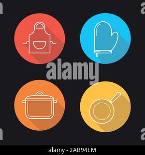 Kitchen tools flat linear long shadow icons set. Apron, oven mitt, saucepan with lid, frying pan. Kitchenware. Vector line symbols Stock Vector