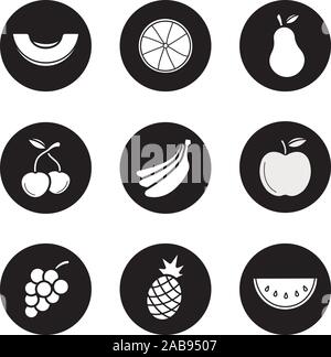 Fruit icons set. Melon slice, orange half, pear, cherries, bananas bundle, apple, grapes bunch, pineapple, watermelon. Vector white illustrations in b Stock Vector