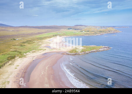 High altitude drone view at sunny day over Firemore Beach in the Northwest Highlands of Scotland - NC500 route Stock Photo