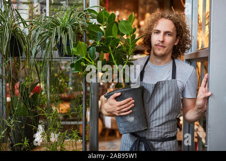 Gardener with green plant for delivery or for shipment in the garden center Stock Photo
