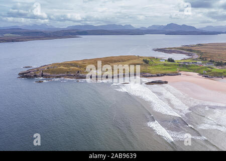 High altitude drone view over Firemore Beach near Inverasdale in the Northwest Highlands of Scotland - along NC500 route Stock Photo