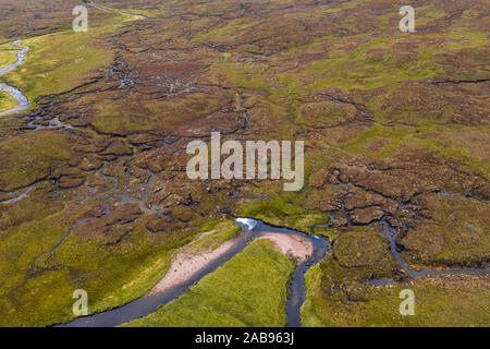 Top down drone shoot capturing rich texture of wetland near Feinmore in the Northwest Highlands in Scotland  - NC500 Route Stock Photo