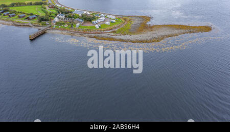 Drone shoot over popular campsite in Ardmair in the North West Coast of Scotland - NC500 Route Stock Photo