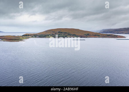 Drone shoot over uninhabited Isle of Martin of the West Coast of Scotland at cloudy autumnal morning - North Coast 500 Route Stock Photo