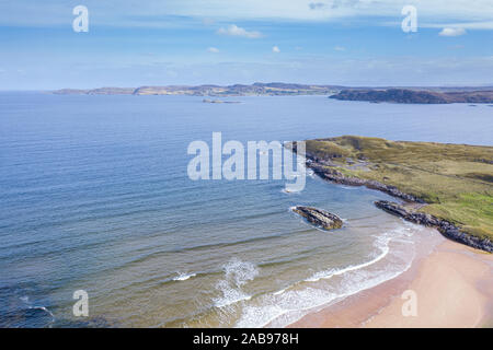 High altitude drone view over Firemore Beach looking towards Island of Ewe in the Northwest Highlands of Scotland - NC500 route Stock Photo