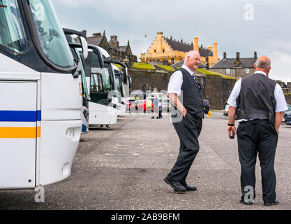 Coach and bus park with waiting bus drivers, castle esplanade, Stirling Castle, Scotland, UK Stock Photo