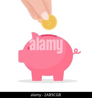 hand put coin to piggy bank. crowd funding and savings concept. Vector flat cartoon illustration for web sites and banners design. Stock Photo