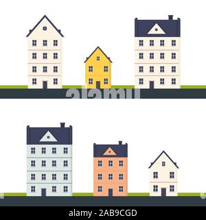 set of city house building. modern building apartment with door and windows exterior. isolated in white background. Vector flat cartoon illustration f Stock Photo