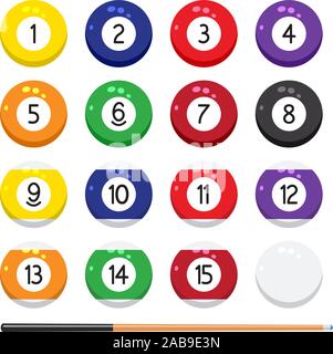vector collection of billiard pool or snooker balls with numbers and cue isolated on white background, flat ball symbol, eps10 illustration Stock Vector