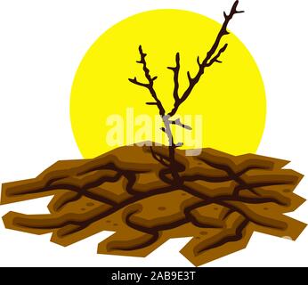 vector illustration of dry dead tree in dry and cracked desert land and hot sun. soil damage from drought illustration. icon of global warming, climat Stock Vector