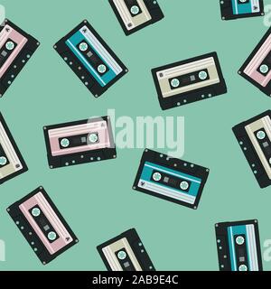 vector seamless audio cassettes background. retro equipment for audio music recorder. vintage seamless pattern with music cassette tapes Stock Vector