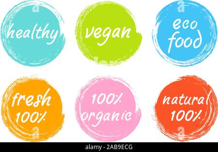 vector colorful brush strokes circles with text. grunge backgrounds for healthy vegan and eco food, fresh, organic and natural. round paint stroke tex Stock Vector
